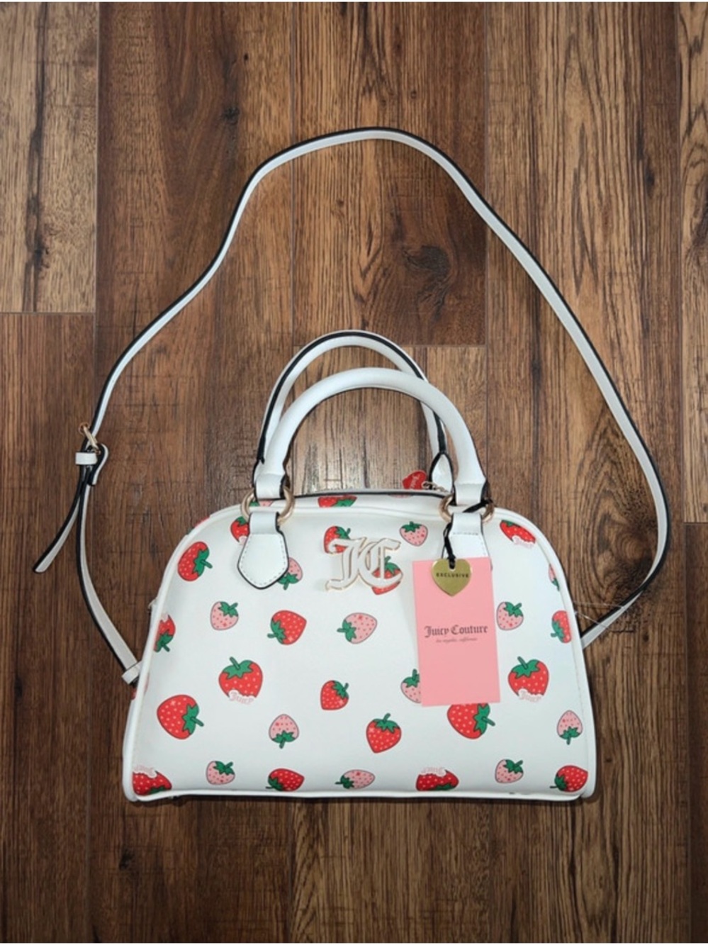 Juicy Couture White Strawberry Print Satchel with Gold Logo
